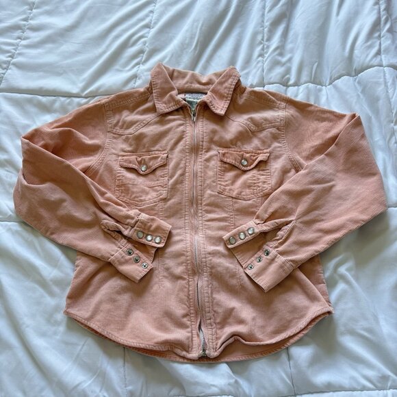 VTG 1980s Jean Jacket Women Small Corduroy Collar Barn Coat Coral Orange Y2K 90s - Picture 1 of 8